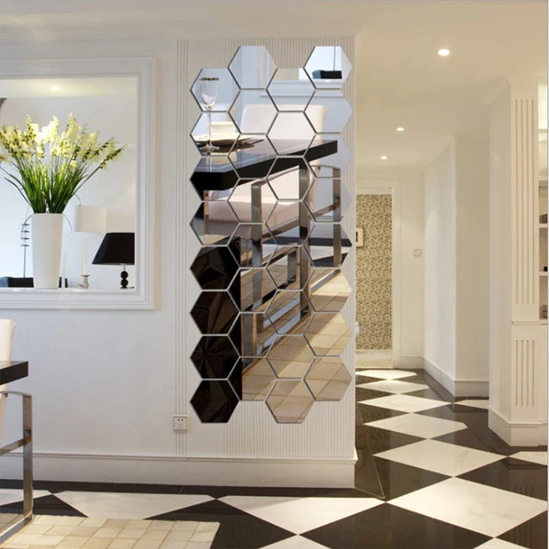 6/12PCS DIY 3D Mirror Wall Stickers Hexagon Home Decor Mirror Decor St